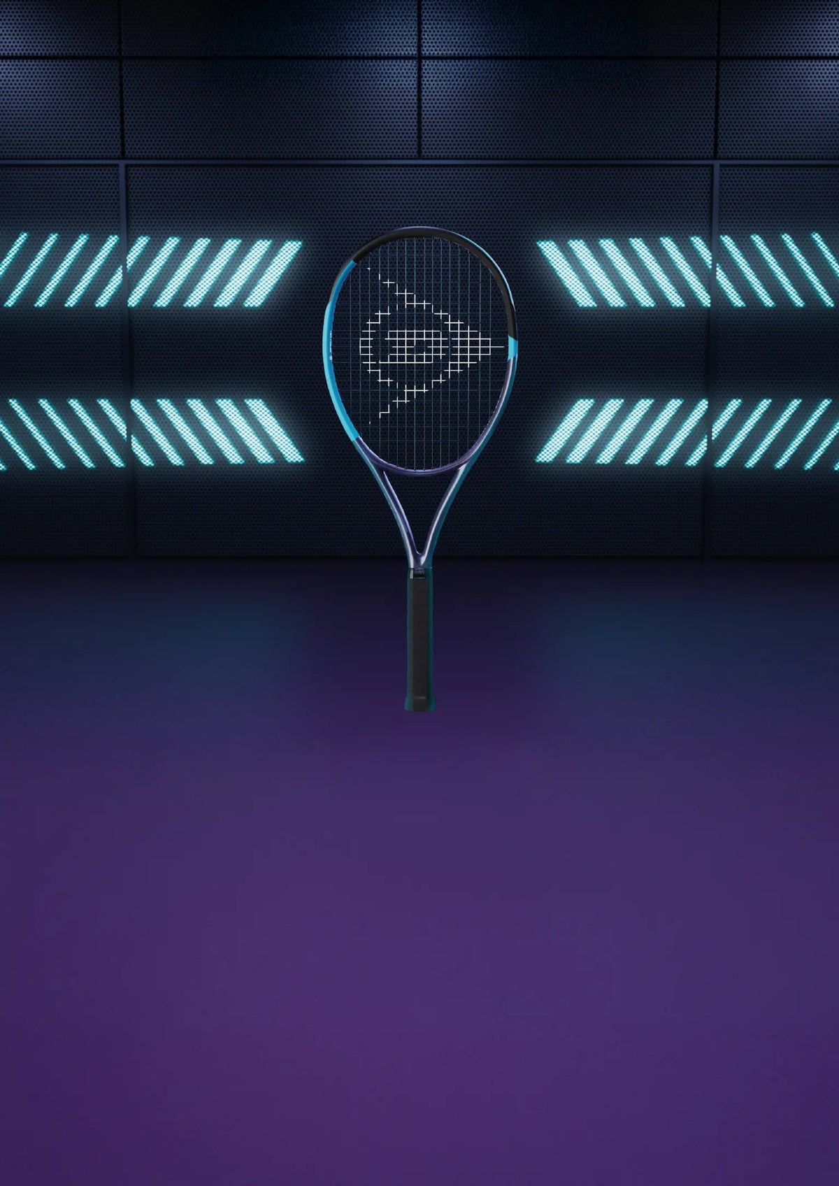 Dunlop tennis racket on a dark tiled wall background with neon lights