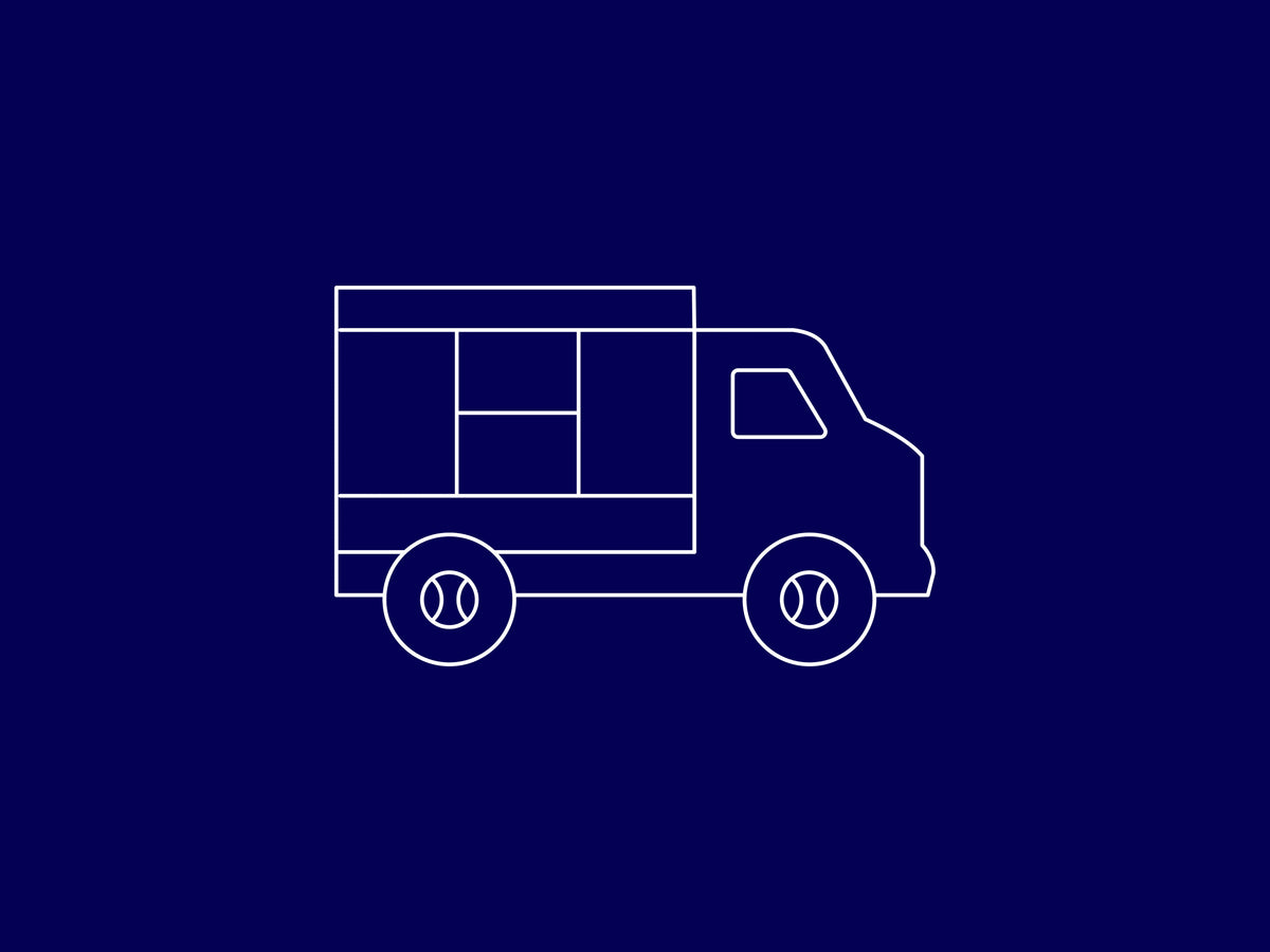 White outline of a delivery truck on a blue background