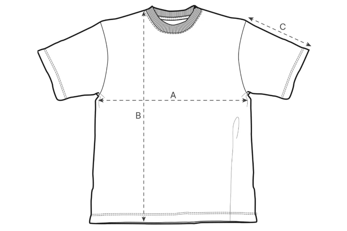 Measurement chart for a t-shirt with labeled dimensions on a white background