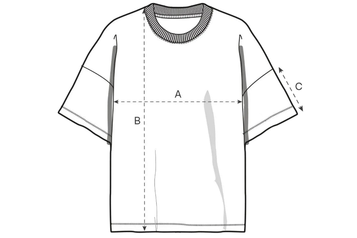 Measurement chart for a t-shirt with labeled dimensions on a white background