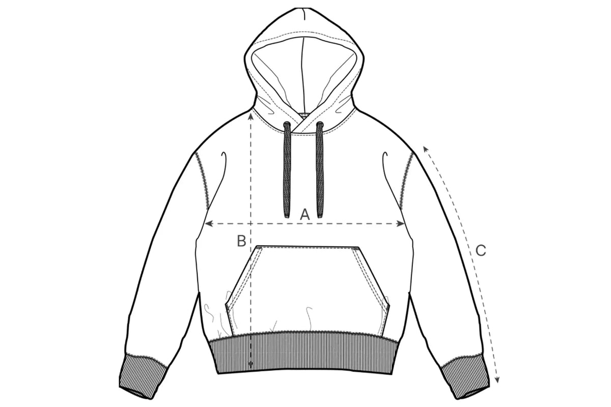 Measurement chart for a hoodie with labeled dimensions on a white background