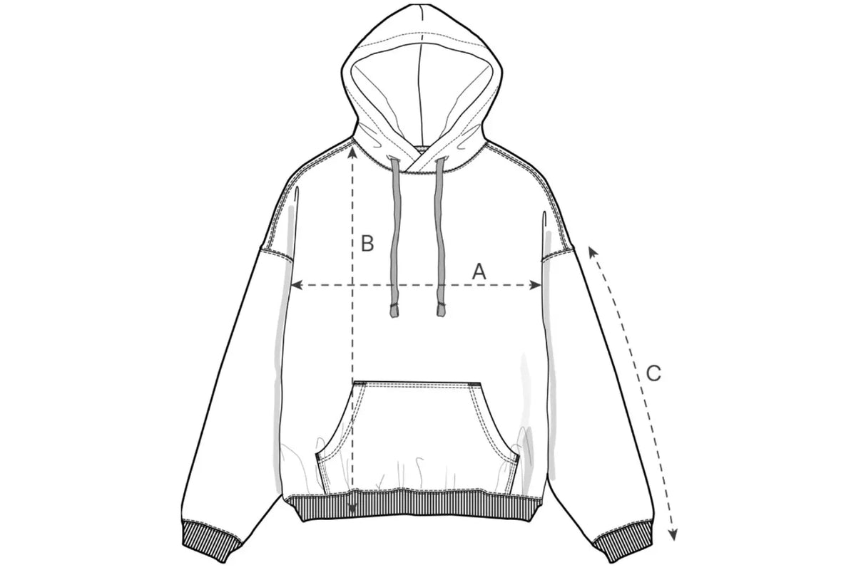 Technical drawing of a hoodie with labeled measurements on a white background